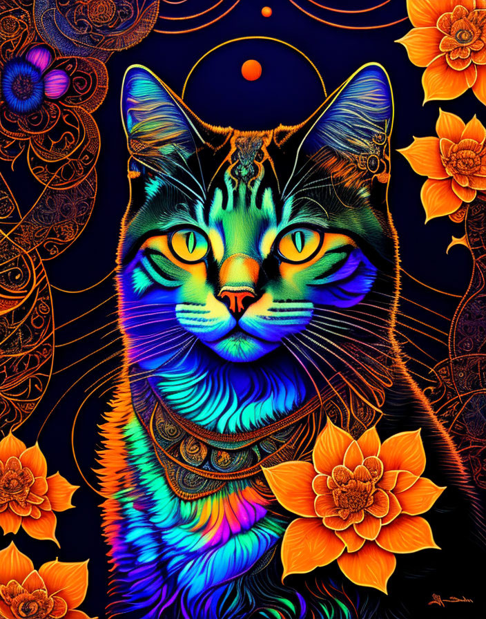 Colorful Psychedelic Cat Illustration with Neon Colors and Flowers