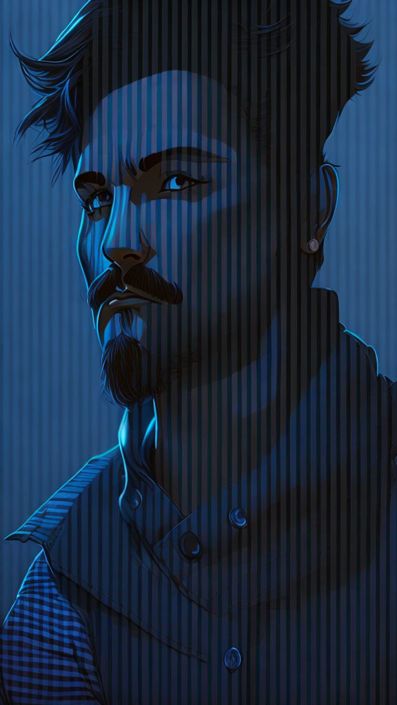 Moody digital illustration of a bearded man with intense eyes