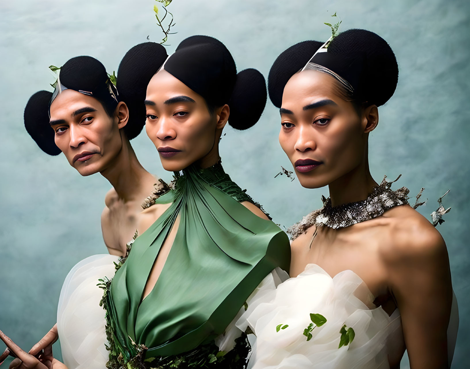 Avant-garde hairstyles and elegant green and white outfits on three individuals against teal backdrop