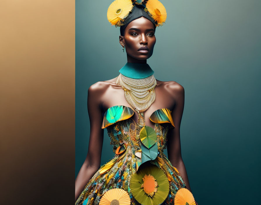 Woman in vibrant tropical dress and headdress with gold jewelry on teal backdrop