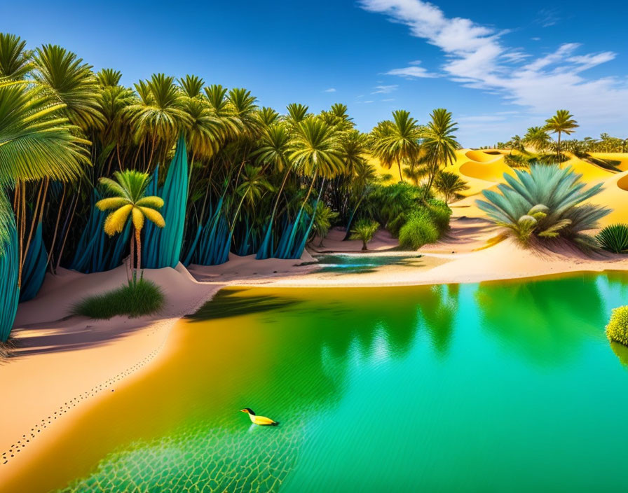 Serene turquoise lake with lush palm trees and golden sand dunes