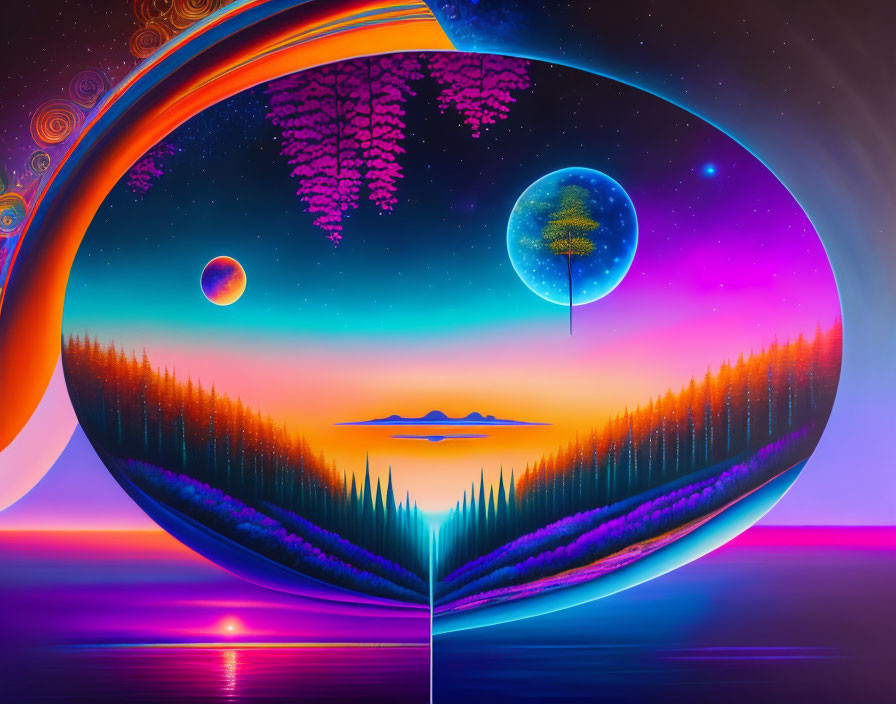 Surreal digital artwork: mirrored lake, forests, planets, colorful sky