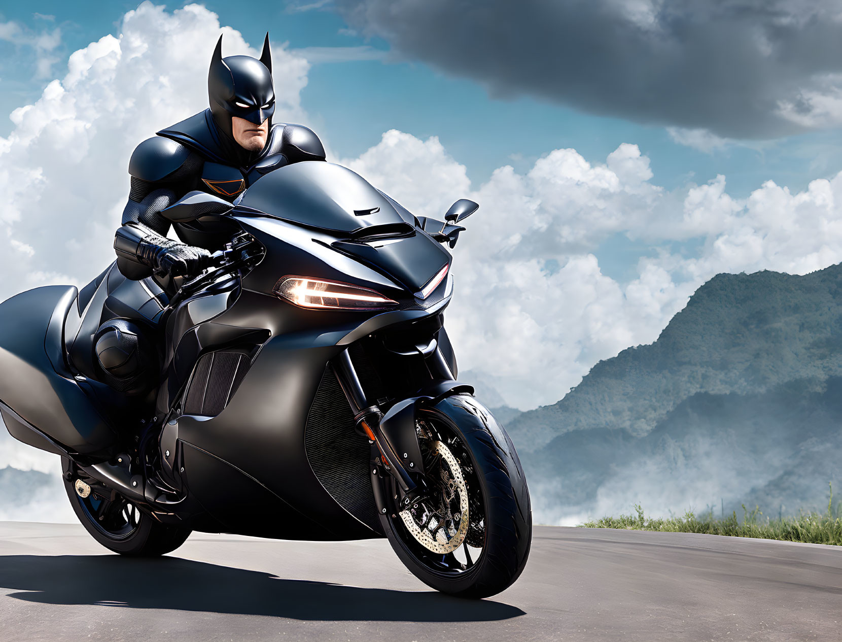 Person in Batman costume rides black motorcycle on road with mountains in background