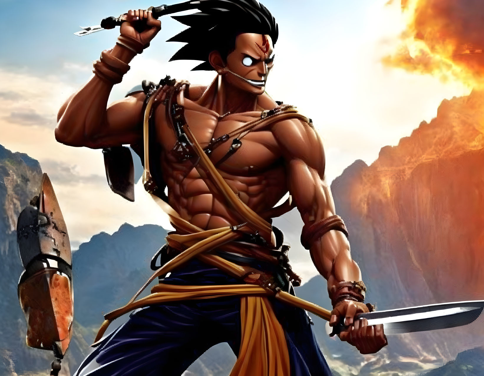 Muscular animated character with sword in traditional martial outfit against fiery backdrop.