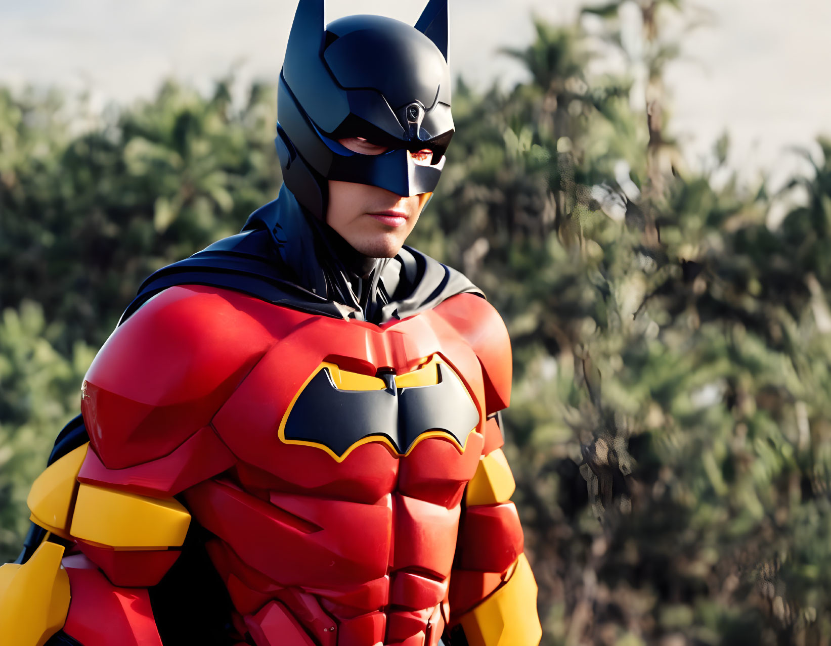 Detailed Batman costume with vibrant red and yellow armored suit outdoors