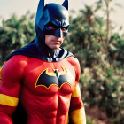 Detailed Batman costume with vibrant red and yellow armored suit outdoors