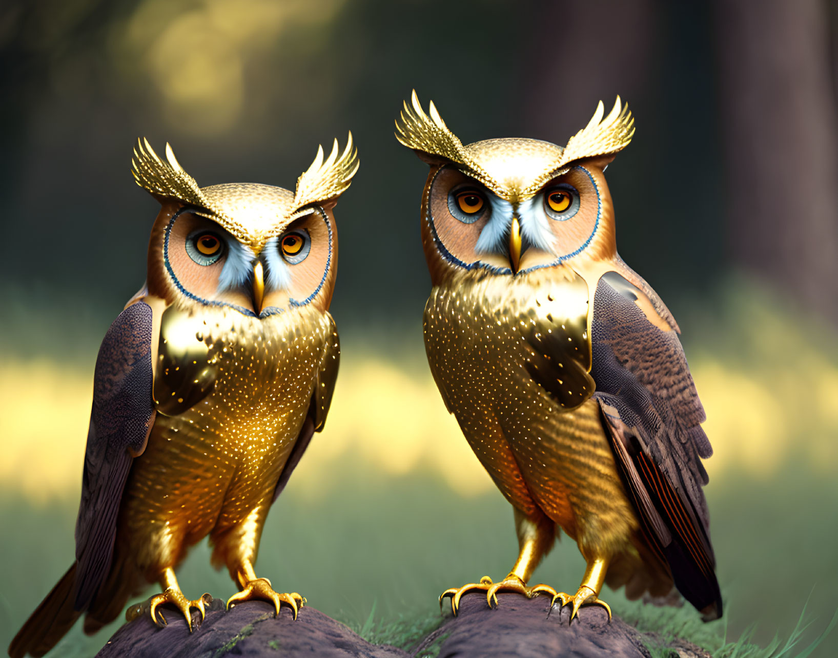 Realistic animated owls with golden feathers and blue eyes on log in forest at sunset