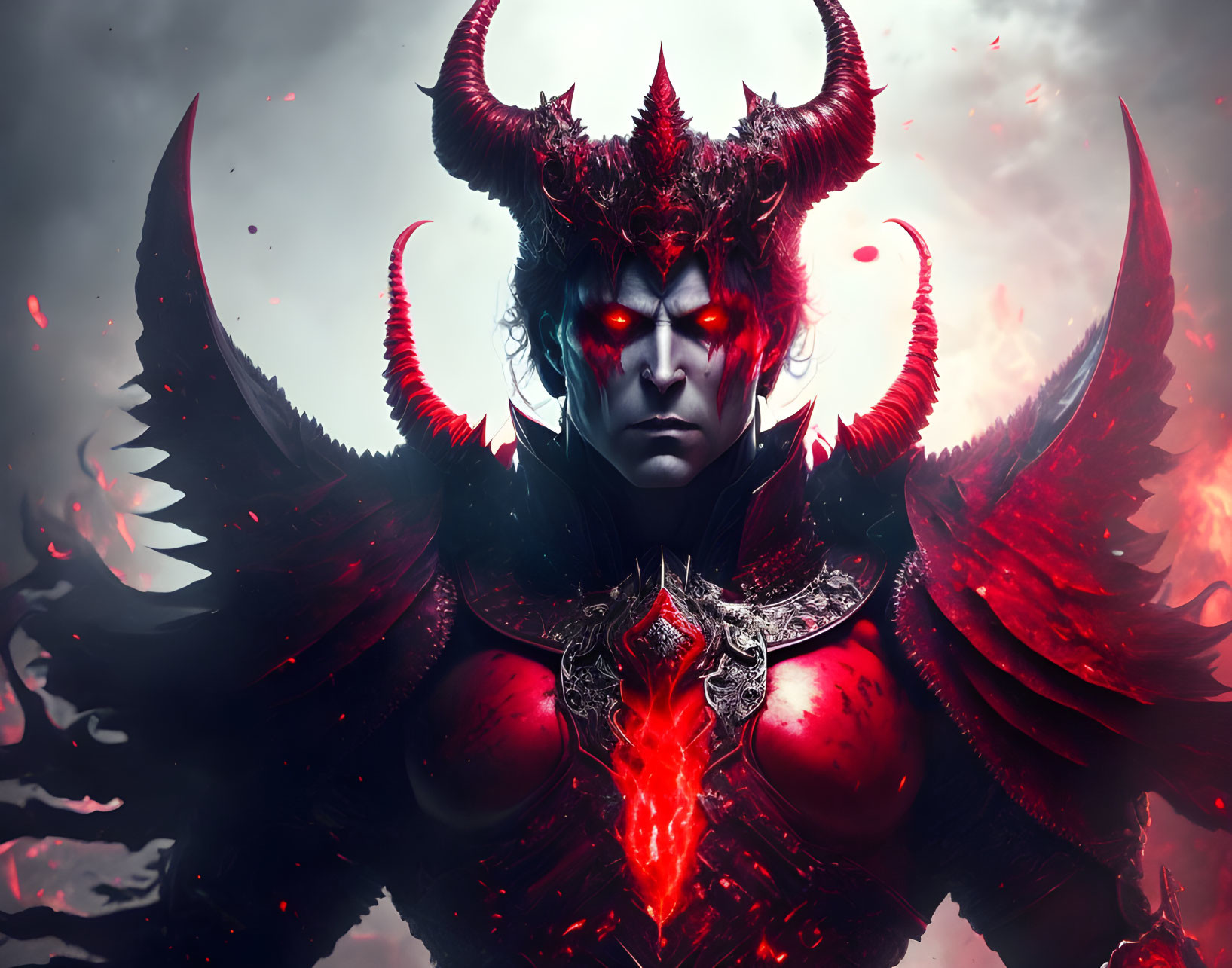 Fantasy character with red eyes, black horns, wings, and armor against smoky background