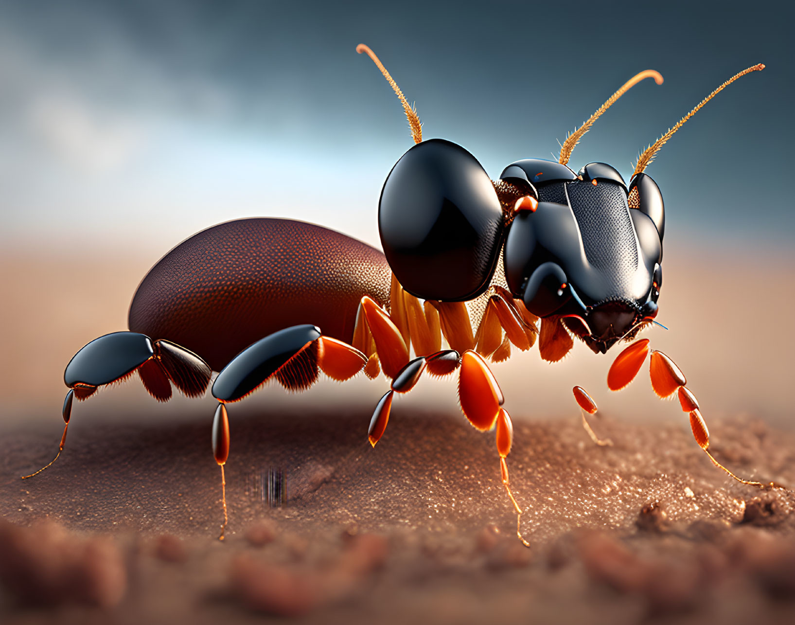 Detailed 3D rendering of black and orange ant on sandy surface