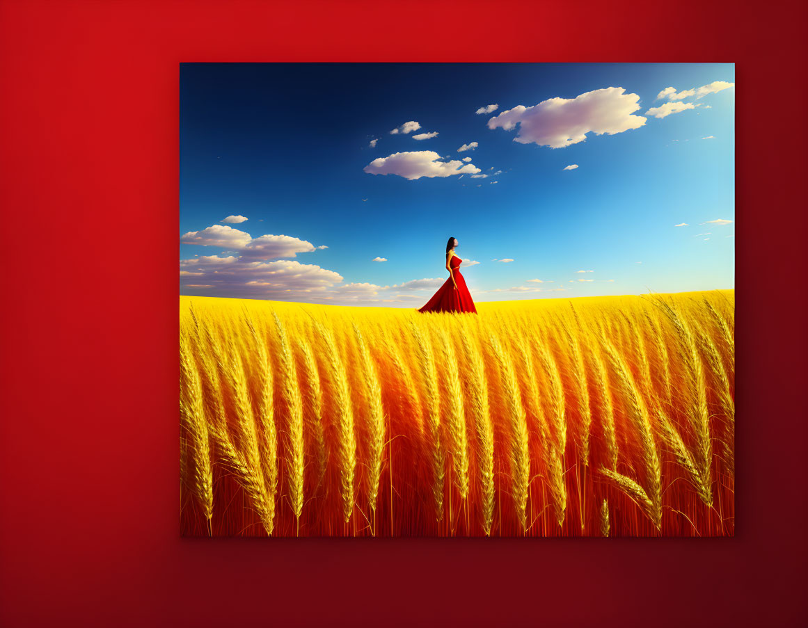 Person in Red Dress Standing in Golden Wheat Field at Sunset