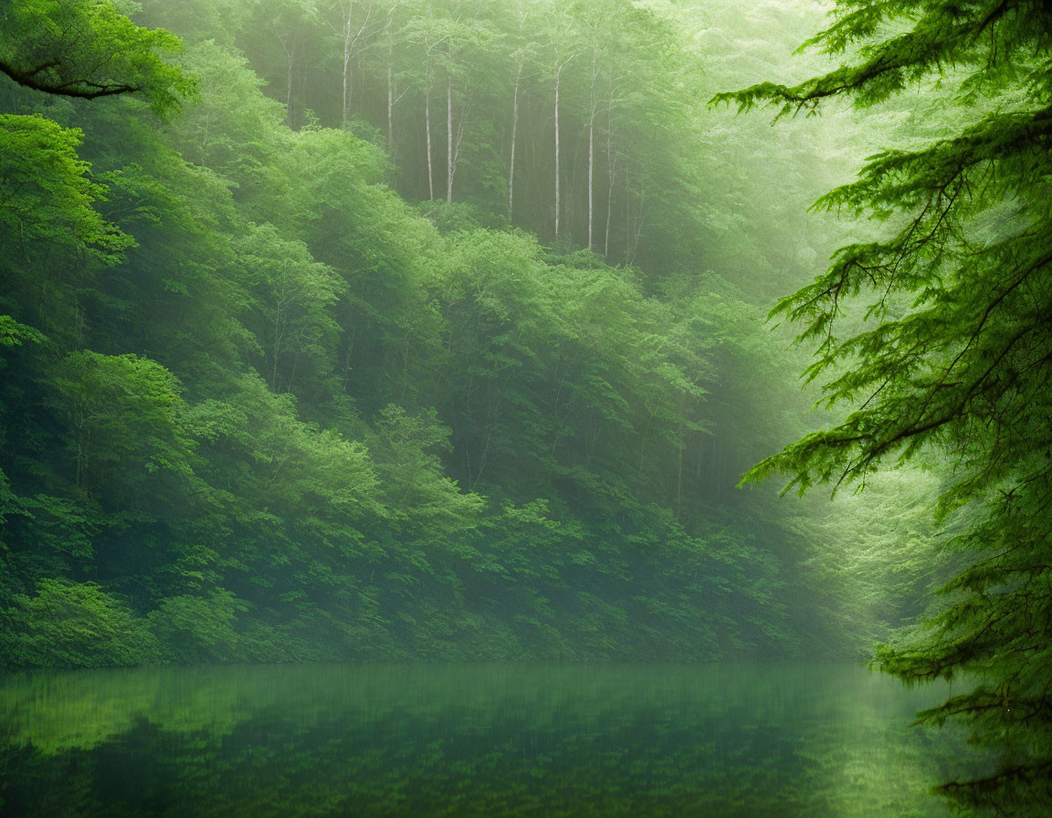 Tranquil forest scene with misty atmosphere and serene lake reflection