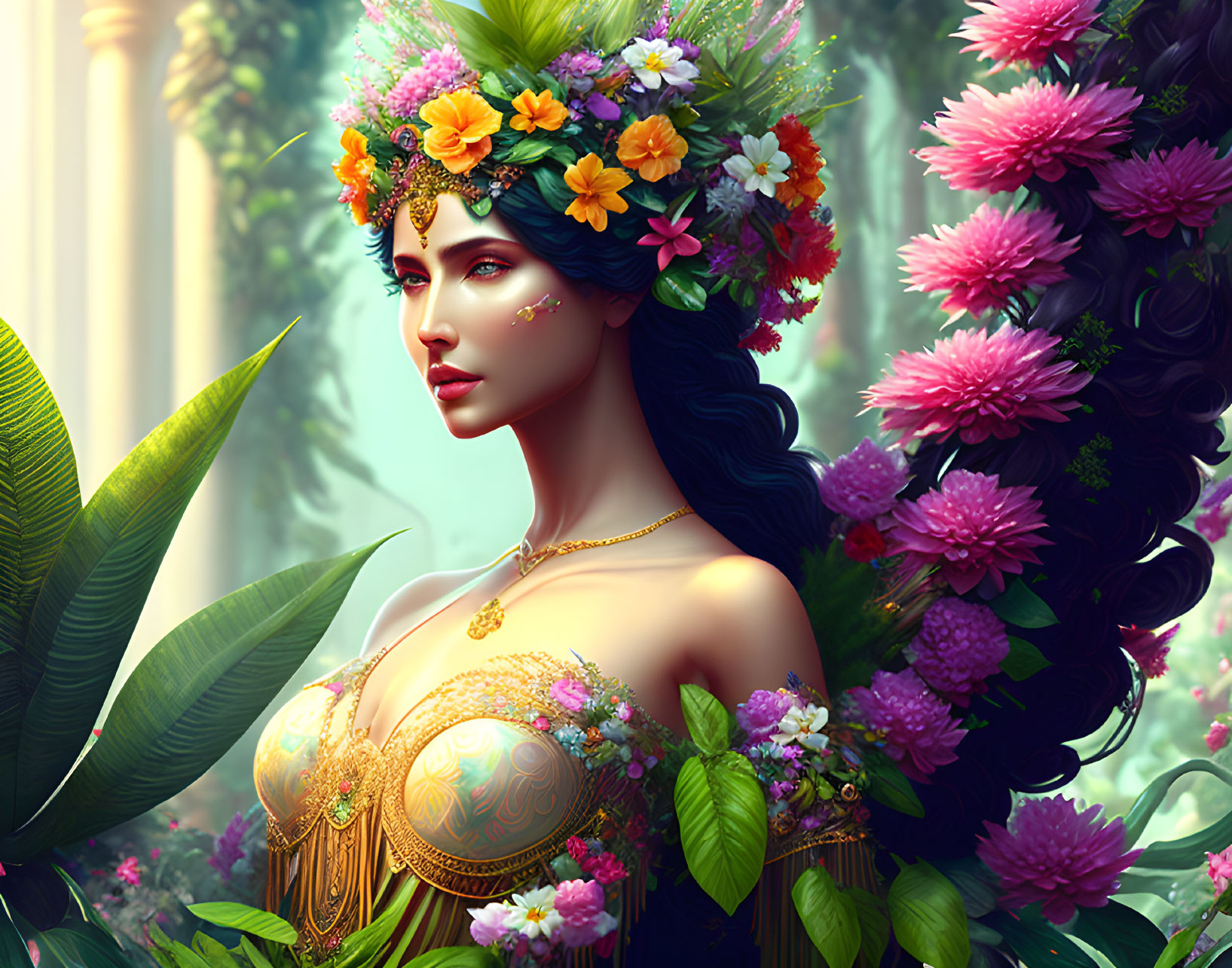 Digital artwork: Woman with floral headdress and gold jewelry in lush greenery.