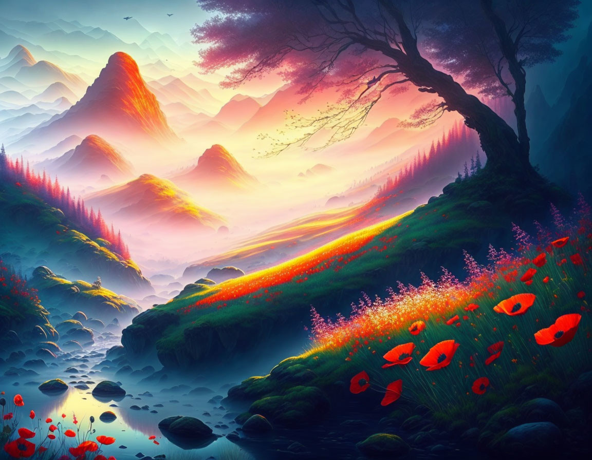 Colorful sunrise fantasy landscape with mountains, blooming tree, stream, and flowers.