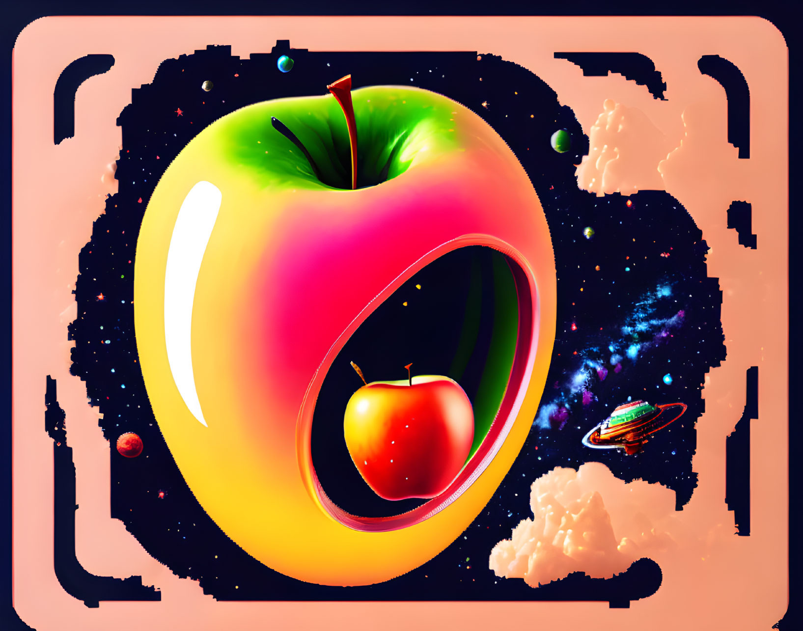 Colorful digital artwork: Glossy apple, surreal portal, planets