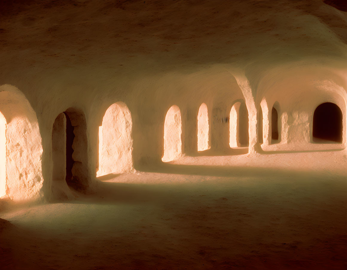 Ancient cave interior with arched openings and warm ambient glow