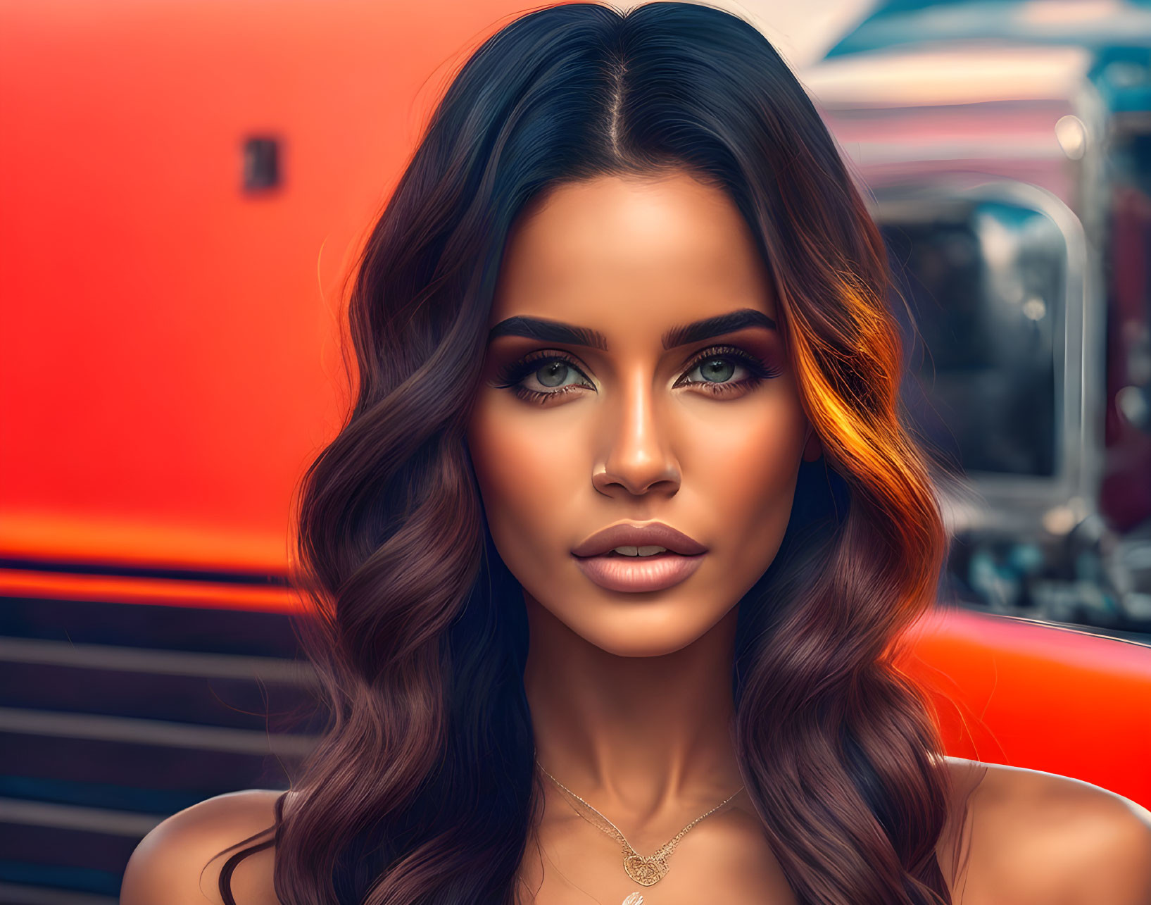 Digital artwork: Woman with brown hair, green eyes, makeup on blurred orange backdrop