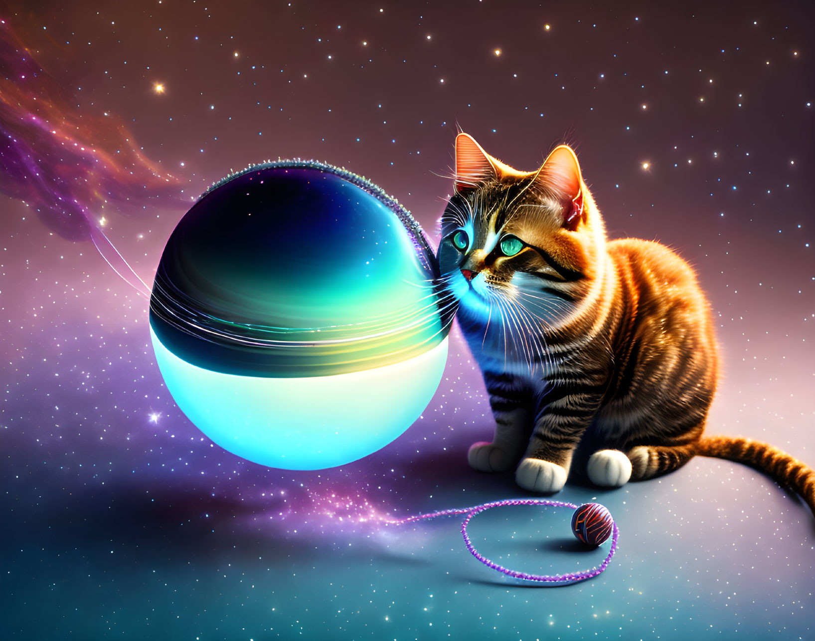 Tabby cat observing glowing orb in cosmic setting