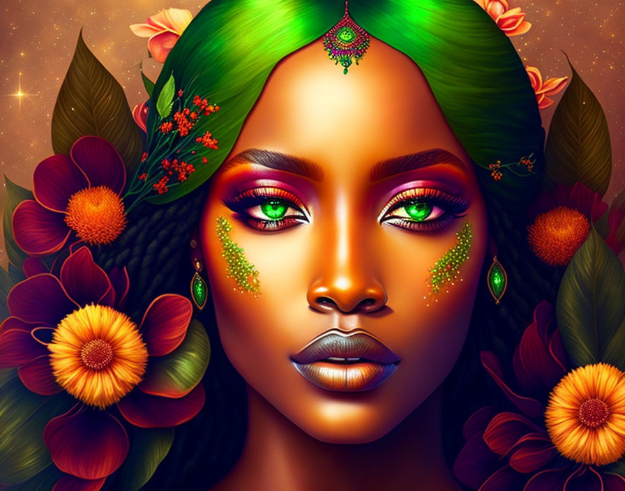 Vibrant woman illustration with green hair and floral adornments