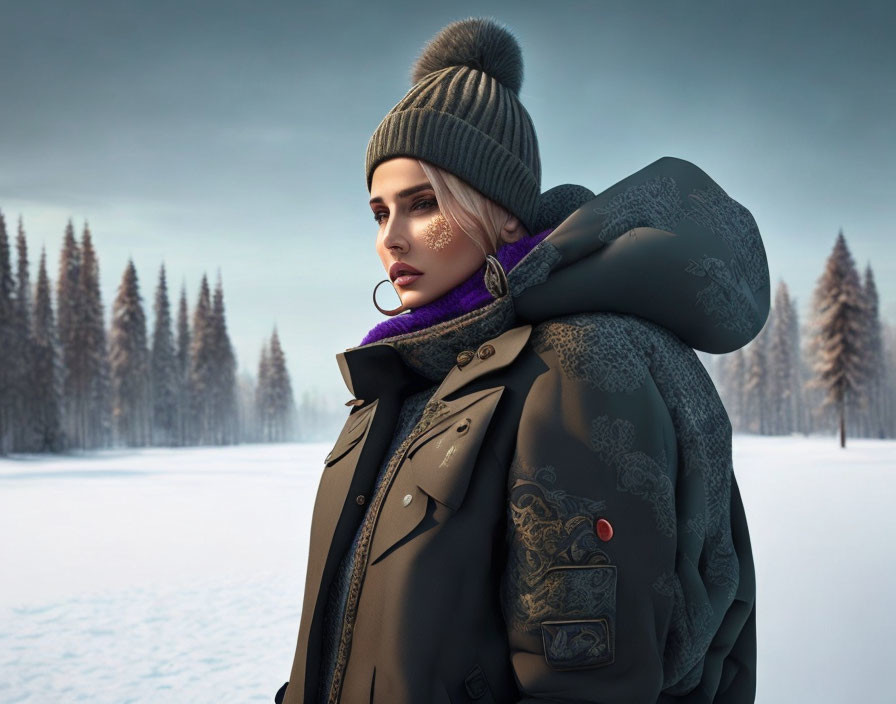 Winter Woman in Bobble Hat and Coat Stands in Snowy Landscape