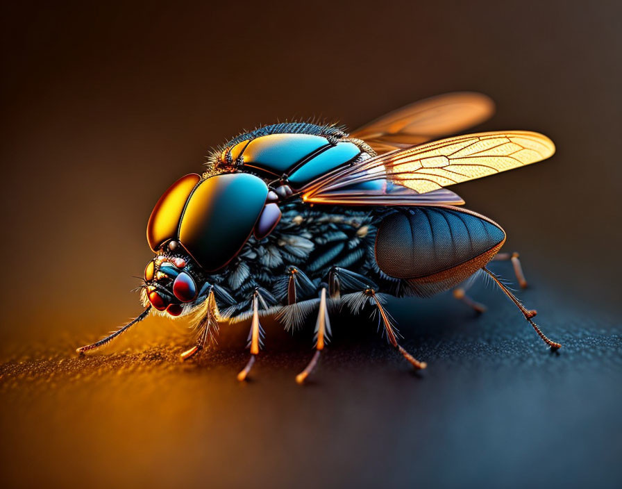 Macro Photo: Vibrant Fly with Iridescent Eyes and Wing Patterns