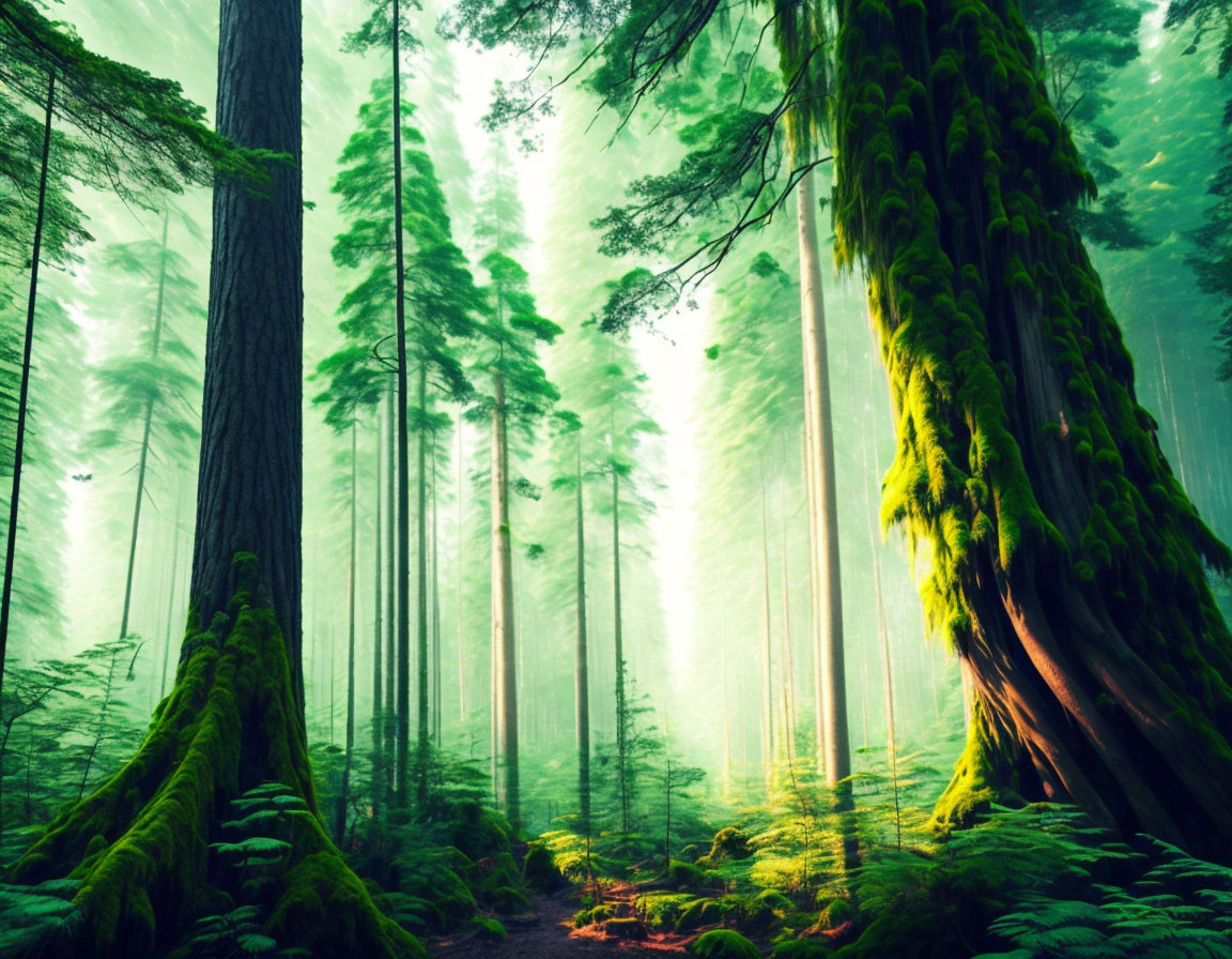 Misty forest with large moss-covered trees and sunbeams