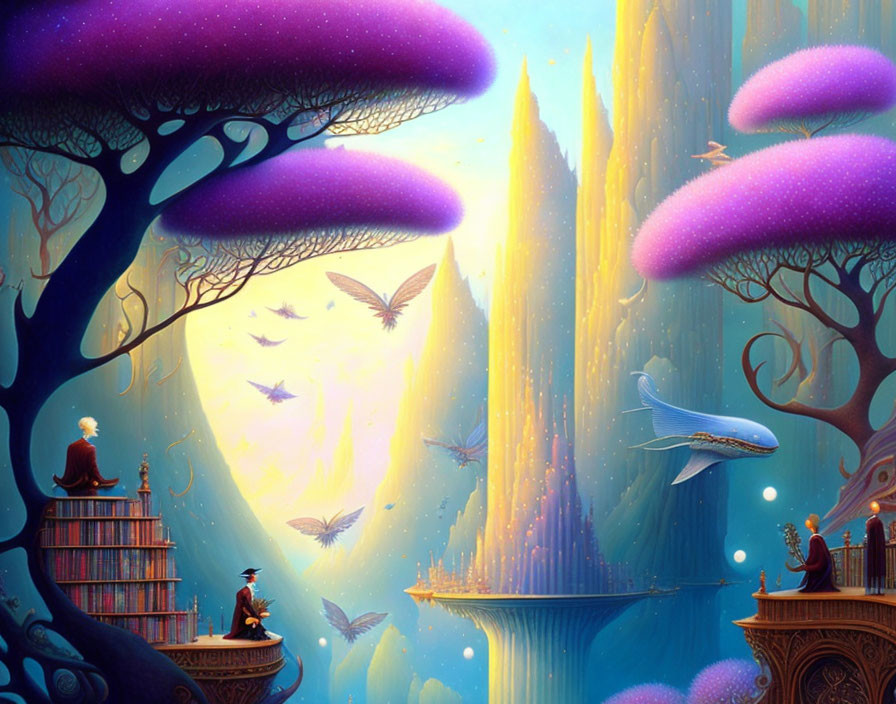 Fantastical Purple Trees, Flying Whales, Glowing Sunbeam, Figures on Platforms, and