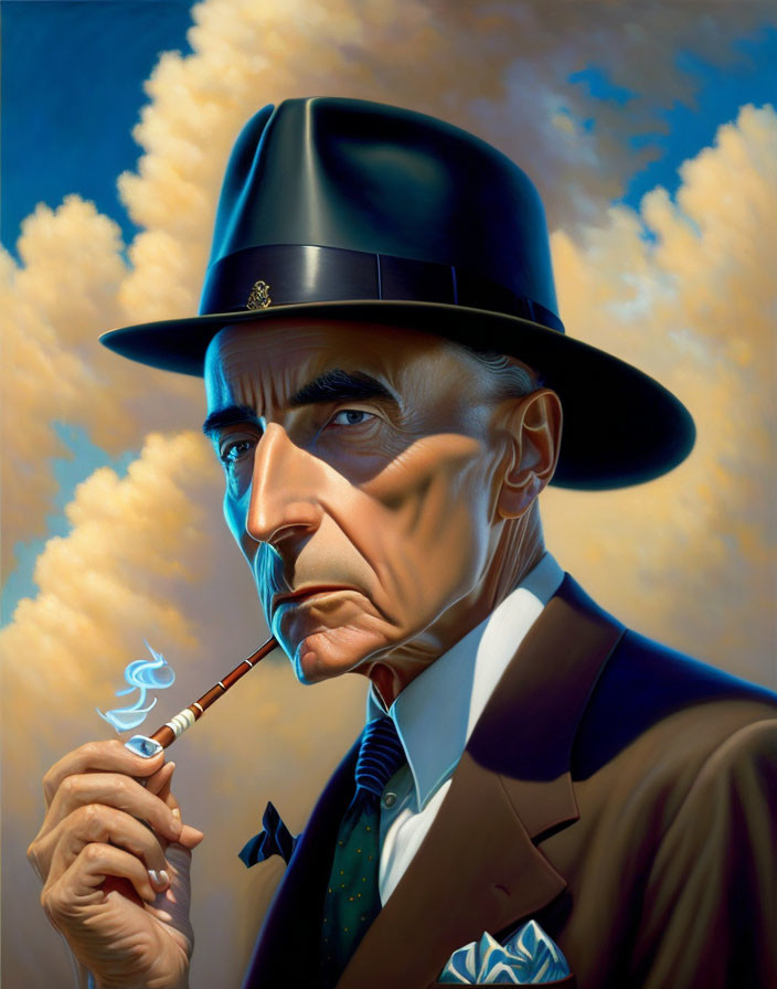 Illustrated gentleman in bowler hat smoking pipe with cloudy backdrop