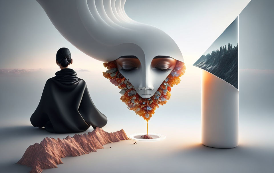 Surreal image: person in black cloak with giant face and nature elements pouring liquid