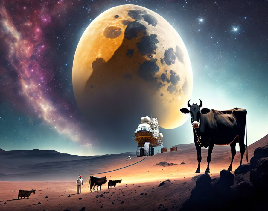 Fantastical alien desert planet with cows, astronaut, and futuristic building