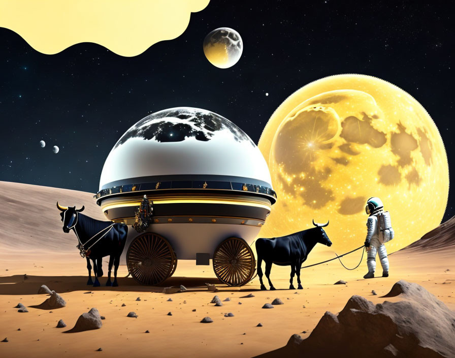 Astronaut with oxen in futuristic wagon on alien landscape