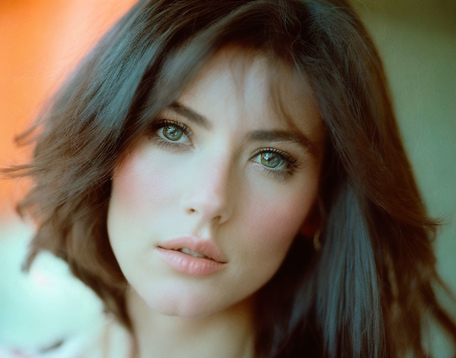 Woman with Shoulder-Length Brown Hair and Blue Eyes Portrait