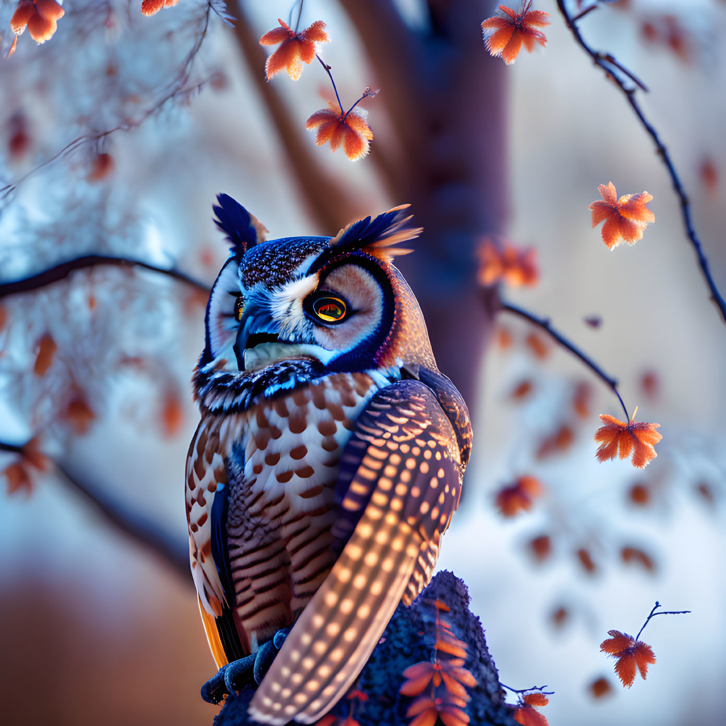 Colorful Owl Perched on Branch with Orange Leaves on Blue Background