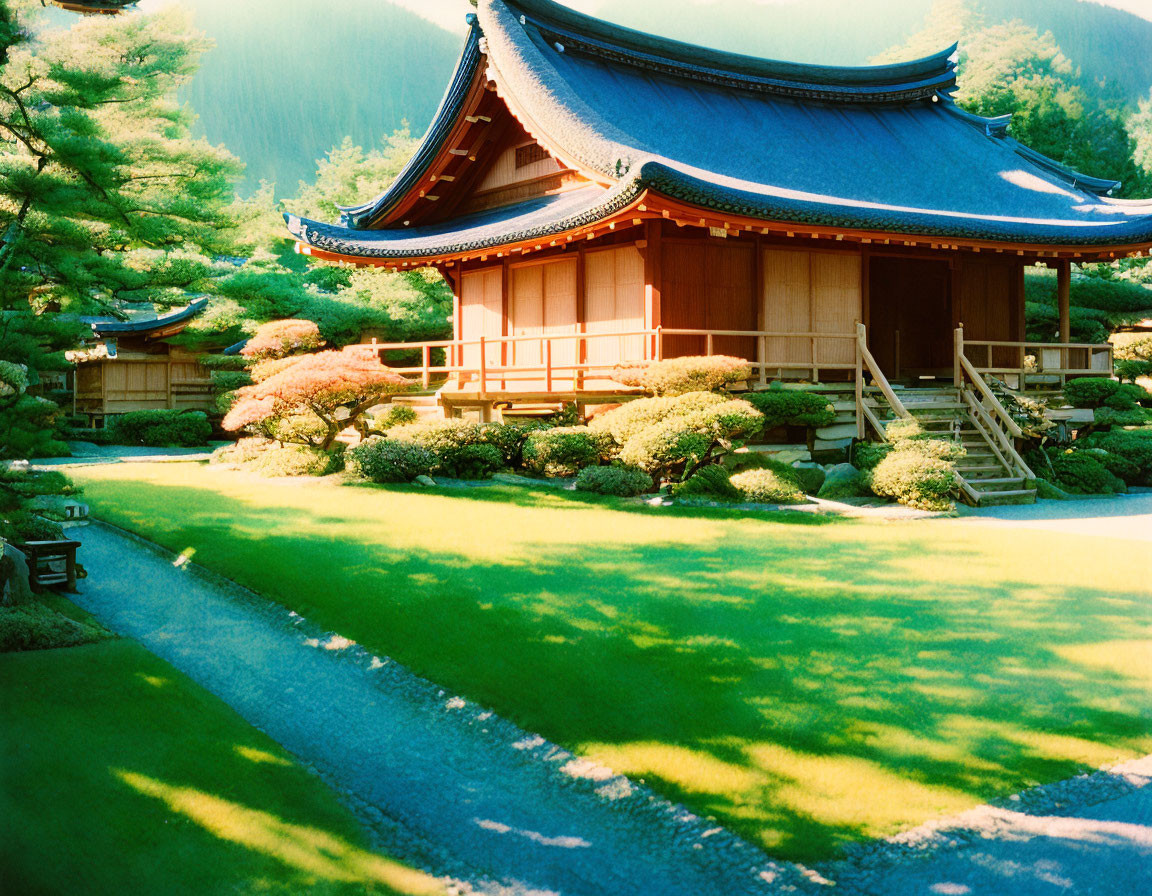 Curved roof Japanese architecture in serene garden setting