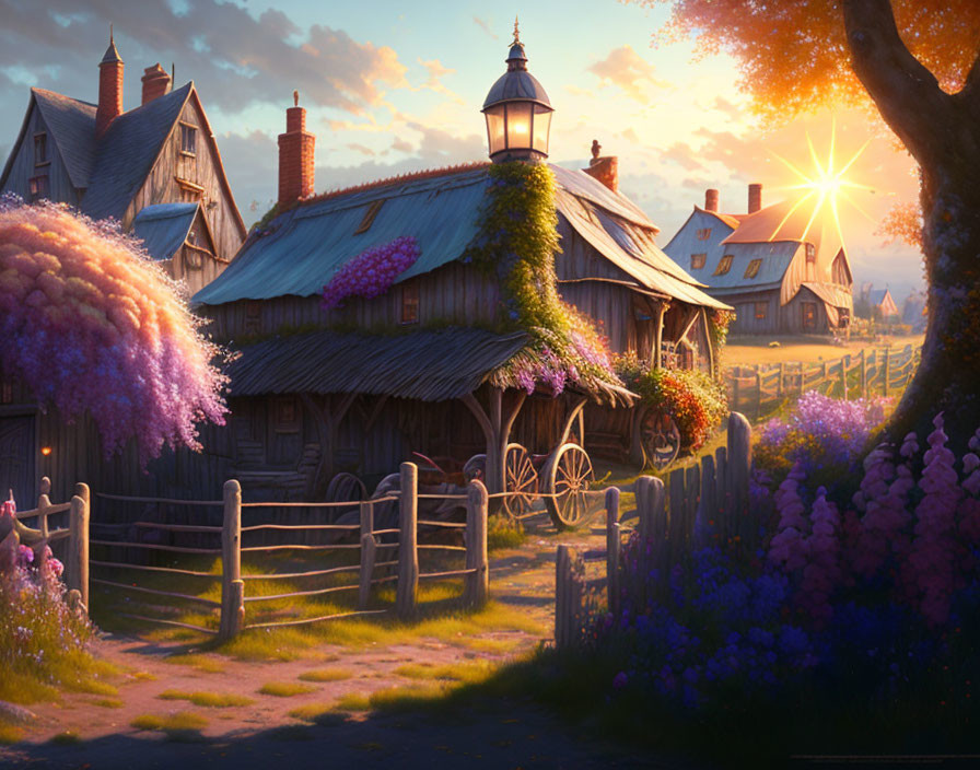 Rustic countryside houses with blooming purple wisteria at sunset