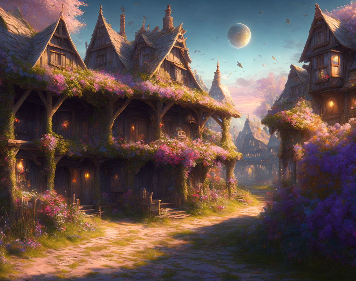 Twilight scene with storybook cottages, purple flowers, cobblestone path, moon, and