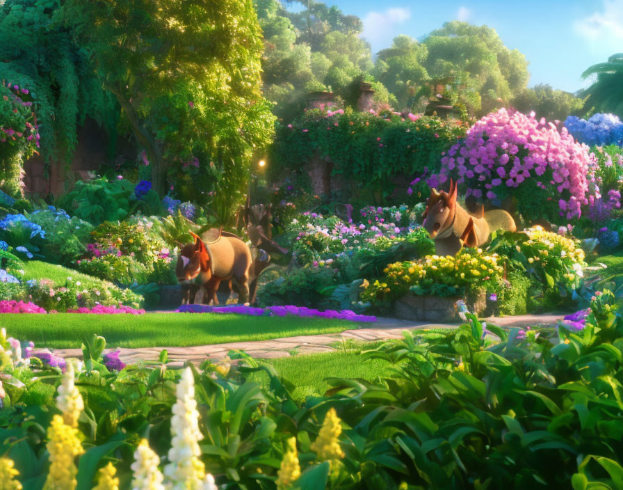 Colorful Flower Garden with Two Horses in Soft Sunlight