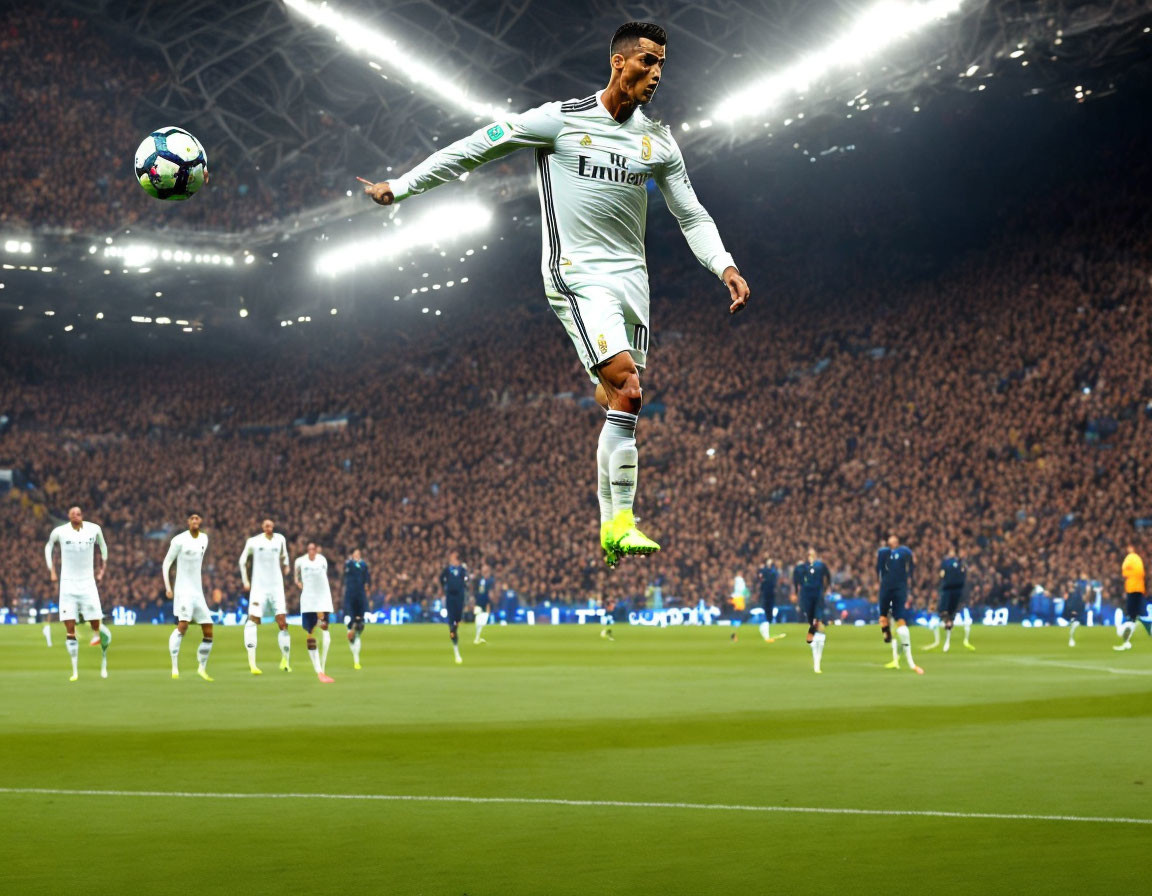 Football player in white kit executes bicycle kick at night match with spectators.