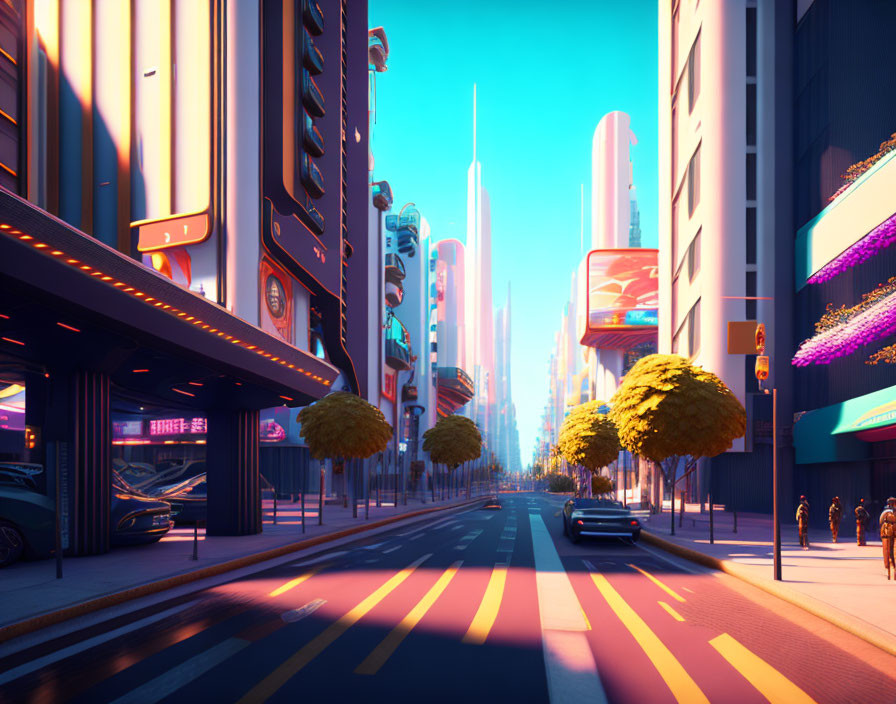 Colorful futuristic cityscape with neon signs, sleek cars, and pedestrians