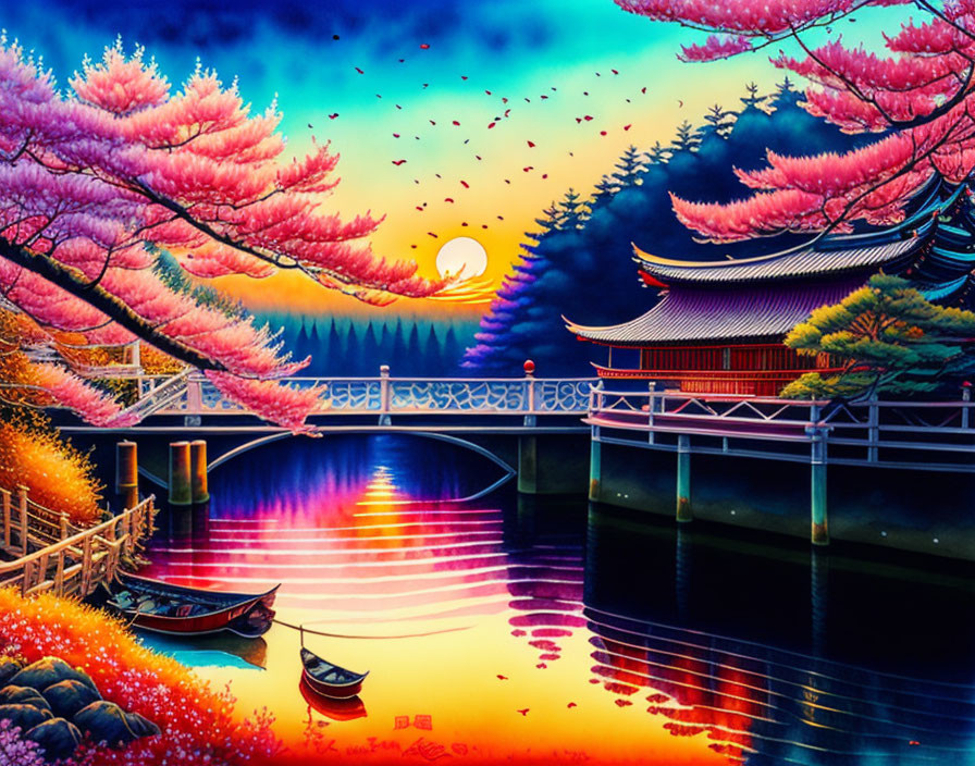 Japanese scene with cherry blossoms, crescent moon, bridge, pagoda, and boats