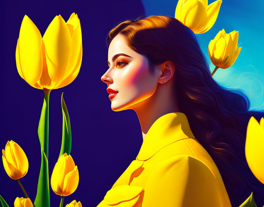 Stylized image of woman with red lipstick in yellow outfit by vibrant tulips on blue background