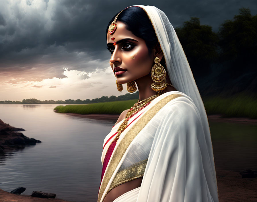 Traditional Indian attire woman gazes at dramatic river landscape