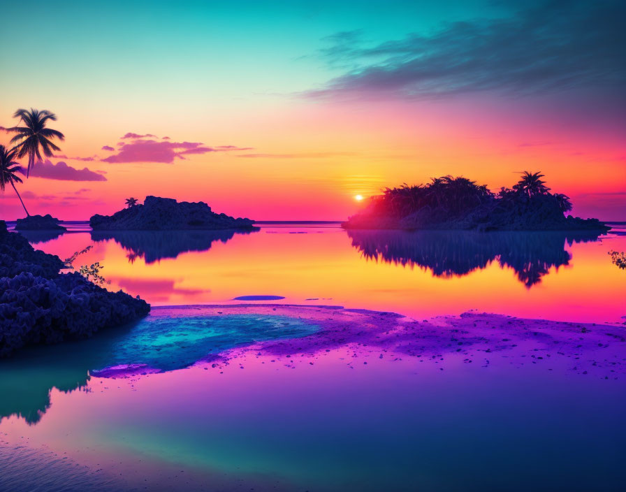 Tranquil tropical lagoon at sunset with pink and orange hues