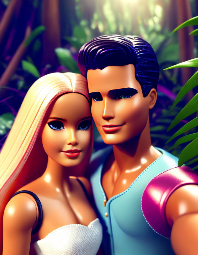 Male and female dolls posed together in lush tropical setting