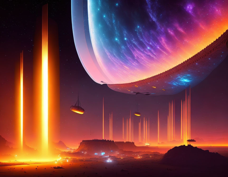 Futuristic sci-fi landscape with towering light pillars and flying ships