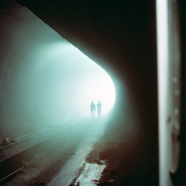 Silhouettes of two people at entrance of dimly lit tunnel with bright light.