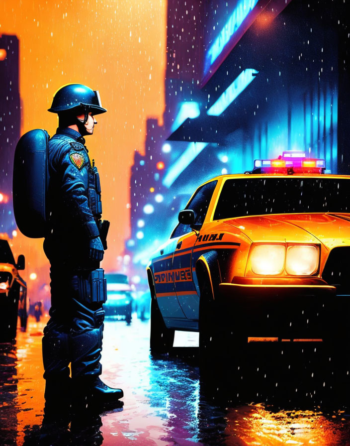 Police officer beside patrol car in neon-lit, rainy cyberpunk scene