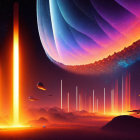 Futuristic sci-fi landscape with towering light pillars and flying ships