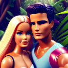 Male and female dolls posed together in lush tropical setting