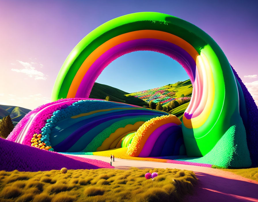 Colorful rainbow structure in surreal landscape with flowing hills and tiny figure walking.