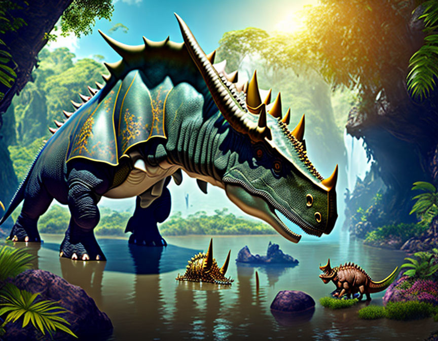 Colorful digital artwork: Dinosaurs in lush jungle with blue and gold Stegosaurus near water.